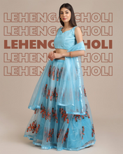 Turquoise Blue & Red Semi-Stitched Lehenga & Unstitched Blouse With Dupatta