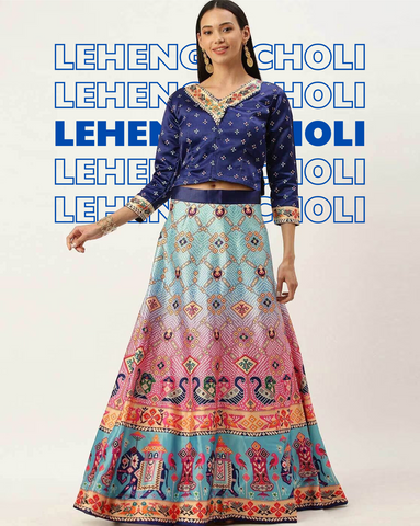 Blue and pink printed lehenga choli with dupatta