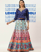 Blue and pink printed lehenga choli with dupatta