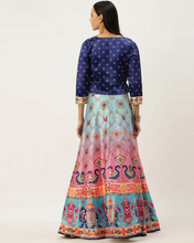 Blue and pink printed lehenga choli with dupatta