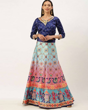 Blue and pink printed lehenga choli with dupatta