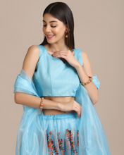 Turquoise Blue & Red Semi-Stitched Lehenga & Unstitched Blouse With Dupatta