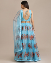 Turquoise Blue & Red Semi-Stitched Lehenga & Unstitched Blouse With Dupatta