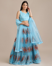 Turquoise Blue & Red Semi-Stitched Lehenga & Unstitched Blouse With Dupatta